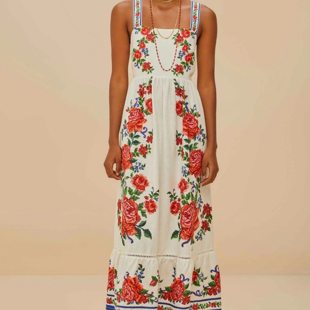 FARM Rio White Maxi Dress with Red Floral Embroidery